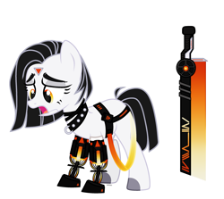 Size: 2930x2608 | Tagged: safe, artist:keshi, imported from derpibooru, oc, oc only, oc:razor thin, cyborg, earth pony, pony, cyber-questria, amputee, belt, collar, female, mare, open mouth, prosthetic limb, prosthetics, simple background, solo, spiked collar, sword, weapon, white background