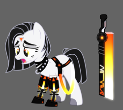 Size: 2930x2608 | Tagged: safe, alternate version, artist:keshi, imported from derpibooru, oc, oc only, oc:razor thin, cyborg, earth pony, pony, cyber-questria, amputee, belt, collar, female, gray background, mare, open mouth, prosthetic limb, prosthetics, simple background, solo, spiked collar, sword, weapon