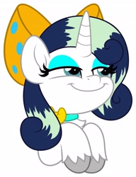 Size: 3151x4096 | Tagged: safe, artist:jhayarr23, imported from ponybooru, oc, oc only, oc:deeep dope, pony, unicorn, bow, chest fluff, choker, commission, eyeshadow, female, horn, lidded eyes, makeup, mare, simple background, smiling, smirk, smug, solo, white background, ych result