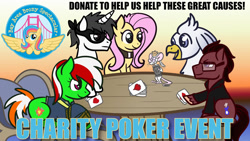 Size: 1280x721 | Tagged: safe, artist:redpalette, imported from derpibooru, oc, oc:brawny buck, oc:invisibrony, oc:silver quill, babscon, card, charity, poker, table