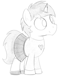 Size: 670x862 | Tagged: safe, artist:dtcx97, imported from derpibooru, oc, oc only, oc:heroic armour, pony, unicorn, clothes, colt, crossdressing, head tilt, male, monochrome, shoes, skirt, smiling, socks, sweater