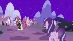 Size: 1920x1080 | Tagged: safe, artist:dashiesparkle edit, artist:estories, artist:sketchmcreations, edit, editor:jaredking203, imported from derpibooru, vector edit, moondancer, starlight glimmer, pony, unicorn, female, glasses, mare, night, ponyville, story included, vector