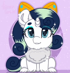 Size: 1666x1741 | Tagged: safe, artist:auroracursed, imported from ponybooru, oc, oc only, oc:deeep dope, pony, unicorn, bow, chest fluff, commission, eyeshadow, female, horn, looking at you, makeup, mare, sitting, solo, starry eyes, wingding eyes