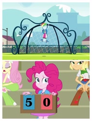 Size: 3106x4096 | Tagged: safe, imported from derpibooru, screencap, applejack, fluttershy, pinkie pie, rainbow dash, equestria girls, football, happy, scoreboard, sports