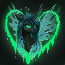 Size: 2000x2000 | Tagged: safe, artist:evedizzy26, imported from derpibooru, queen chrysalis, changeling, changeling queen, bust, crown, female, heart, high res, jewelry, looking at you, portrait, regalia, solo