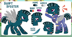 Size: 1200x623 | Tagged: safe, artist:jennieoo, imported from derpibooru, oc, oc:swift specter, pegasus, pony, poker face, salute, smiling, smug, solo, steel wings