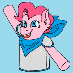 Size: 548x546 | Tagged: safe, artist:theedgyduck, imported from derpibooru, pinkie pie, pony, armor, crossover, ear fluff, female, handkerchief, mare, ms paint, open mouth, sans (undertale), simple background, solo, starry eyes, underswap, undertale, wingding eyes