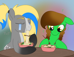 Size: 1259x974 | Tagged: safe, artist:dyonys, imported from derpibooru, oc, oc:awyr, oc:ciel, oc:lucky brush, earth pony, chopsticks, eating, female, food, freckles, from above, how, how do hooves work?, male, mare, pho, stallion