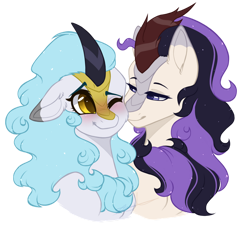 Size: 1024x931 | Tagged: safe, artist:purplegrim40, imported from derpibooru, oc, oc:golden flare, oc:wintertide frost, kirin, bedroom, big ears, blushing, bust, cute, duo, eye, eyes, female, kirin oc, kirinbetes, lesbian, love, mane, oc x oc, portrait, shipping, simple background, smiling, sparkles, sparkly mane, transparent background, vector