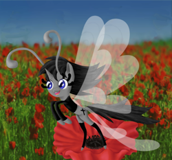 Size: 453x422 | Tagged: artist needed, safe, imported from derpibooru, oc, oc:black cross, breezie, pony, unicorn, antennae, boots, clothes, crucifix, edgy, flower, jacket, male, shoes, solo, stallion, transparent wings, wings