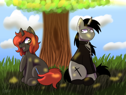 Size: 1200x900 | Tagged: artist needed, safe, imported from derpibooru, oc, oc:black cross, pony, unicorn, boots, clothes, crucifix, edgy, female, grass, jacket, jewelry, male, mare, necklace, shoes, sitting, smiling, stallion, tree