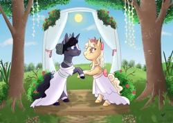 Size: 1024x725 | Tagged: safe, artist:foxhatart, imported from derpibooru, oc, oc only, oc:gold dust, oc:lavender rose, pony, unicorn, clothes, dress, female, females only, lesbian, mare, marriage, scenery, tree, wedding, wedding dress