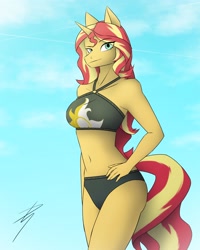 Size: 2400x3000 | Tagged: safe, artist:deviantstyleart, imported from derpibooru, sunset shimmer, anthro, unicorn, :j, bikini, clothes, eyebrows visible through hair, female, hand on hip, horn, looking at you, mare, outdoors, raised eyebrow, signature, sky, solo, summer sunset, swimsuit