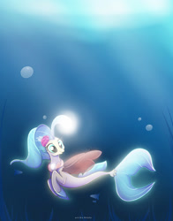 Size: 1280x1636 | Tagged: safe, artist:nnaly, imported from derpibooru, princess skystar, fish, seapony (g4), my little pony: the movie, bioluminescent, blue eyes, bubble, clothes, crepuscular rays, dorsal fin, eyelashes, female, fin wings, fins, fish tail, flower, flower in hair, flowing mane, flowing tail, freckles, glow, jewelry, light, necklace, ocean, pearl necklace, seaquestria, seaweed, see-through, signature, smiling, solo, sunlight, swimming, tail, underwater, water, wings