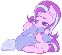 Size: 1299x1149 | Tagged: safe, artist:flutterbree, imported from derpibooru, starlight glimmer, trixie, pony, unicorn, crying, duo, duo female, female, floppy ears, holding a pony, horn, lesbian, open mouth, sad, shipping, simple background, startrix, white background