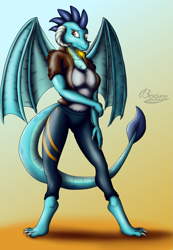 Size: 1917x2778 | Tagged: safe, artist:bomzzzik, imported from derpibooru, princess ember, anthro, dragon, clothes, digital art, dragon lord ember, dragon wings, dragoness, female, solo, solo female, wings