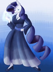 Size: 1000x1375 | Tagged: safe, artist:sixes&sevens, imported from derpibooru, rarity, anthro, unicorn, abstract background, breasts, clothes, dress, female, hand on hip, high heels, jewelry, magic, necklace, shoes, smiling, solo, solo female