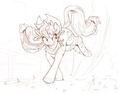 Size: 1500x1148 | Tagged: safe, artist:sirmasterdufel, imported from derpibooru, applejack, pony, action pose, monochrome, solo