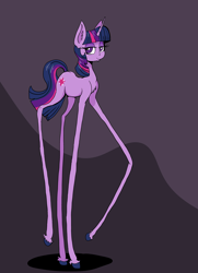 Size: 4496x6224 | Tagged: safe, artist:paskanaakka, derpibooru exclusive, imported from derpibooru, twilight sparkle, unicorn, abstract background, chest fluff, colored hooves, female, floppy ears, impossibly long legs, lidded eyes, long legs, mare, smiling, solo, unicorn twilight, unshorn fetlocks