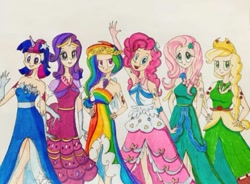 Size: 539x397 | Tagged: safe, artist:lunaart, imported from derpibooru, applejack, fluttershy, pinkie pie, rainbow dash, rarity, twilight sparkle, human, the best night ever, clothes, dress, gala dress, horn, horned humanization, humanized, mane six