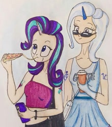 Size: 475x541 | Tagged: safe, artist:lunaart, imported from derpibooru, starlight glimmer, trixie, human, cutie mark on human, food, horn, horned humanization, humanized, pizza