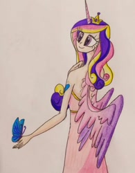 Size: 436x560 | Tagged: safe, artist:lunaart, imported from derpibooru, princess cadance, alicorn, butterfly, human, clothes, cute, cutedance, cutie mark on human, dress, horn, horned humanization, humanized, solo, traditional art, winged humanization, wings