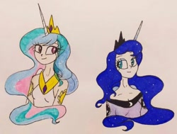 Size: 540x409 | Tagged: safe, artist:lunaart, imported from derpibooru, princess celestia, princess luna, human, horn, horned humanization, humanized