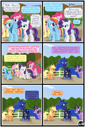 Size: 6509x9676 | Tagged: safe, artist:gutovi, imported from derpibooru, applejack, fluttershy, pinkie pie, princess luna, rainbow dash, rarity, twilight sparkle, alicorn, earth pony, pegasus, pony, unicorn, comic:why me!?, alternate ending, apple, bedroom eyes, comic, dawn, female, food, hat, heartbreak, lesbian, lunajack, mane six, shipping, shipping denied, show accurate, sunlight, sweet apple acres, twilight (series), twilight sparkle (alicorn)