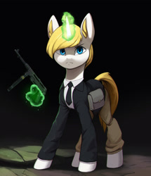 Size: 3432x4000 | Tagged: safe, artist:mrscroup, imported from derpibooru, oc, oc only, pony, unicorn, bag, blue eyes, clothes, dark background, gun, high res, levitation, magic, pants, saddle bag, solo, suit, telekinesis, weapon