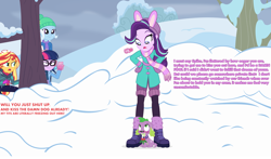 Size: 3300x1940 | Tagged: safe, artist:aqua-pony, artist:kingdark0001, artist:phucknuckl, artist:steyrrdash, imported from derpibooru, sci-twi, spike, starlight glimmer, sunset shimmer, trixie, twilight sparkle, dog, equestria girls, equestria girls series, blushing, clothes, dialogue, female, male, shipping, snow, sparlight, spike the dog, straight, vector, winter outfit