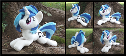 Size: 3968x1754 | Tagged: safe, artist:peruserofpieces, imported from derpibooru, dj pon-3, vinyl scratch, pony, unicorn, beanie (plushie), female, happy, horn, irl, lying down, mare, photo, plushie, prone, smiling, solo, sploot, tree