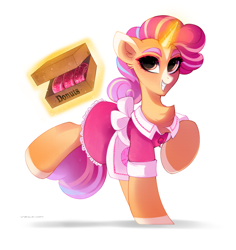 Size: 1700x1800 | Tagged: safe, artist:zlatavector, imported from derpibooru, oc, oc only, pony, unicorn, clothes, donut, dress, female, food, magic, mare, pink