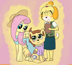 Size: 2048x1836 | Tagged: safe, artist:colorcodetheartist, imported from derpibooru, fluttershy, oc, oc:butterscotch, hybrid, pegasus, pony, abstract background, animal crossing, crossover, crossover shipping, female, isabelle, isashy, mother and child, mother and daughter, parent:fluttershy, parent:isabelle, parents:isashy, shipping, story included, things breeding that should not breed