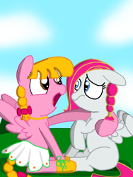 Size: 1080x1440 | Tagged: safe, artist:crossovercartoons, imported from derpibooru, oc, oc only, oc:pony pegasus, pegasus, pony, artwork, bow, braided tail, clothes, cloud, digital art, drawing, folded wings, grass, hair over one eye, hug, jewelry, looking at each other, necklace, nervous, open mouth, pink oc, raised hoof, shoes, sitting, skirt, solo, spread wings, white oc, wings