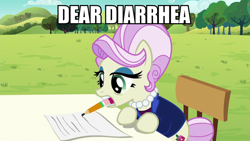 Size: 1200x675 | Tagged: safe, imported from derpibooru, screencap, rosetta, earth pony, pony, brotherhooves social, caption, female, image macro, mare, paper, pencil, solo, text