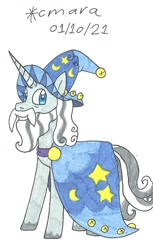 Size: 805x1313 | Tagged: safe, artist:cmara, imported from derpibooru, star swirl the bearded, pony, unicorn, beard, cape, clothes, facial hair, hat, male, moustache, simple background, solo, stallion, traditional art, unshorn fetlocks, white background, wizard hat