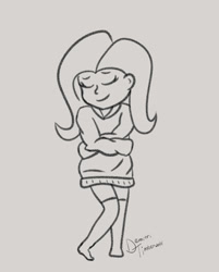 Size: 2900x3600 | Tagged: safe, artist:demitri, imported from derpibooru, fluttershy, human, equestria girls, clothes, cute, eyes closed, female, happy, hoodie, hug, monochrome, oversized clothes, self-hugging, shyabetes, signature, sketch, smiling, socks, solo, thigh highs