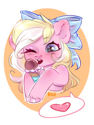 Size: 600x800 | Tagged: safe, artist:kovi, imported from derpibooru, oc, oc only, oc:bay breeze, pegasus, pony, blushing, bow, cute, female, food, hair bow, ice cream, mare, one eye closed, tongue out, unshorn fetlocks