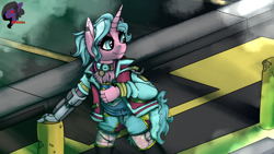 Size: 3840x2160 | Tagged: safe, artist:brainiac, derpibooru exclusive, imported from derpibooru, oc, oc:candy chip, anthro, cyborg, unicorn, cybernetic arm, cyberpunk, female, mare, practice, solo