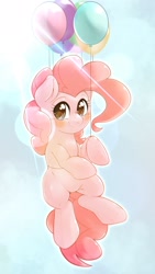 Size: 1158x2048 | Tagged: safe, artist:kurogewapony, imported from derpibooru, pinkie pie, earth pony, pony, balloon, blushing, crepuscular rays, cute, diapinkes, female, looking at you, mare, smiling, solo