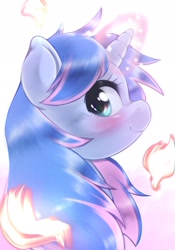 Size: 1430x2048 | Tagged: safe, artist:kurogewapony, imported from derpibooru, oc, oc only, oc:slowly flame, pony, unicorn, blushing, bust, female, glowing horn, horn, looking at you, mare, smiling, solo