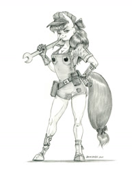 Size: 1000x1296 | Tagged: safe, artist:baron engel, imported from derpibooru, imported from ponybooru, apple bloom, anthro, earth pony, unguligrade anthro, amputee, breasts, cleavage, clothes, female, gloves, hat, looking at you, pencil drawing, prosthetic arm, prosthetic leg, prosthetic limb, prosthetics, signature, solo, traditional art, wrench