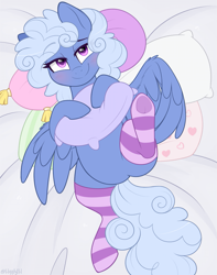 Size: 867x1100 | Tagged: safe, artist:higgly-chan, imported from derpibooru, oc, oc only, pegasus, pony, blushing, clothes, featureless crotch, female, pillow, smiling, socks, solo, spread wings, wings