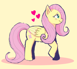 Size: 640x575 | Tagged: safe, artist:inkyberry, imported from derpibooru, fluttershy, pegasus, pony, cute, female, heart, mare, profile, shyabetes, simple background, solo, yellow background