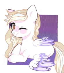 Size: 950x1080 | Tagged: safe, artist:lacey.wonder, imported from derpibooru, oc, oc only, pegasus, pony, abstract background, lying down, one eye closed, pegasus oc, prone, smiling, solo, starry eyes, two toned wings, wingding eyes, wings, wink