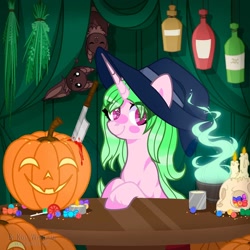 Size: 1080x1080 | Tagged: safe, artist:lacey.wonder, imported from derpibooru, oc, oc only, bat, pony, unicorn, bottle, bust, candle, eye clipping through hair, fire, halloween, hat, holiday, horn, jack-o-lantern, pumpkin, smiling, solo, starry eyes, table, unicorn oc, wingding eyes, witch hat