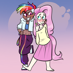 Size: 4080x4080 | Tagged: safe, artist:carconutty, imported from derpibooru, fluttershy, rainbow dash, goblin, human, abs, barefoot, blackwashing, blushing, clothes, dark skin, dress, duo, feet, female, flutterdash, gradient background, humanized, lesbian, midriff, off shoulder, shipping, skirt, sports bra