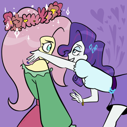 Size: 4080x4080 | Tagged: safe, artist:carconutty, imported from derpibooru, fluttershy, rarity, equestria girls, clothes, duo, female, flarity, floral head wreath, flower, lesbian, looking at each other, off shoulder, purple background, shipping, simple background