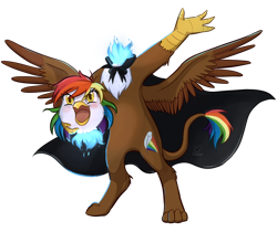 Size: 1024x861 | Tagged: safe, artist:foxhatart, imported from derpibooru, oc, oc:rainbow feather, dullahan, griffon, hippogriff, cape, clothes, disembodied head, headless, interspecies offspring, magical lesbian spawn, modular, offspring, parent:gilda, parent:rainbow dash, parents:gildash, solo