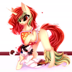 Size: 1920x1935 | Tagged: safe, artist:1fresita, artist:krissstudios, imported from derpibooru, oc, oc only, pony, unicorn, absurd resolution, apron, clothes, eye clipping through hair, eyebrows, eyebrows visible through hair, female, heterochromia, horn, mare, micro, open mouth, open smile, smiling, unicorn oc